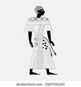 Illustration of an ancient Egyptian figure in traditional attire, featuring intricate patterns and a side profile. Historical, cultural, and artistic depiction. Vintage Egyptian illustration vector.