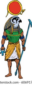 Illustration of the ancient Egyptian god Rah with staff and sun disk