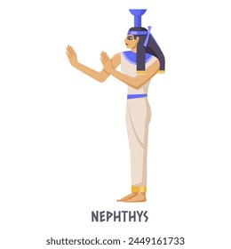 An illustration of an ancient Egyptian goddess, Nephthys, against a plain background, in a flat graphic style. Vector illustration