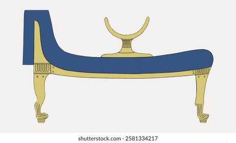 Illustration of an ancient Egyptian headrest and bed. The headrest is U-shaped, resting on a blue and gold bed with ornate legs, reflecting Egyptian design. Vintage Egyptian illustration vector.