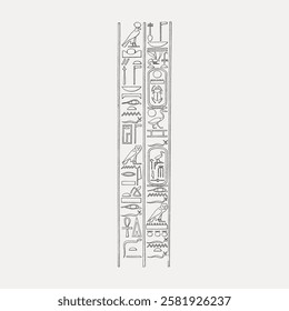 Illustration of ancient Egyptian hieroglyphs in vertical alignment. Hieroglyphs depict symbols and characters. Egyptian art and symbols in historical context. Vintage Egyptian illustration vector.