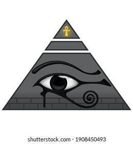 Illustration of ancient egyptian pyramid with the eye of horus, ancient egyptian symbols, eye of horus, threaded cross.