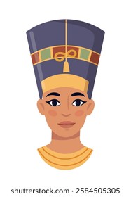 Illustration of an ancient Egyptian queen wearing a traditional headdress and jewelry in a flat style on a white background, symbolizing royalty