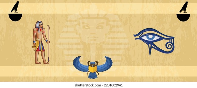 illustration of ancient egyptian signs and symbols with golden,blue colors, with textured background.