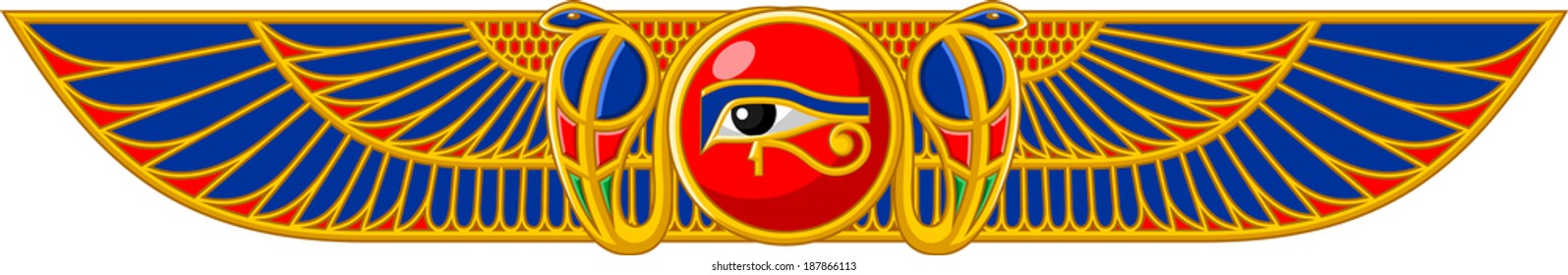 Illustration Of Ancient Egyptian Sun With Snakes And Wings Isolated On White Background.