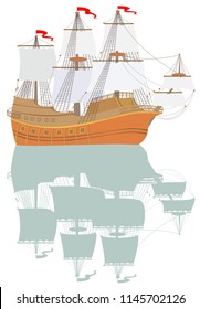 Illustration of ancient fantasy sailboat with reflection, vector cartoon image.
