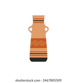 Illustration of an ancient Greek clay jug with a pattern of brown lines and spirals. A vector image of a decorative amphora, for educational or design purposes.