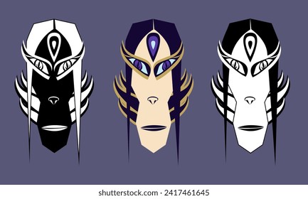 Illustration of ancient Greek god, Zeus, Olympian god, Hermes, viking, demon for game, color and black and white face design, tattoo and t-shirt