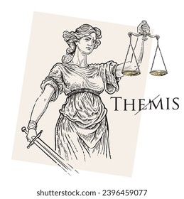 Illustration of the ancient Greek goddess Themis, personifying justice and fair trial, in the engraving style.