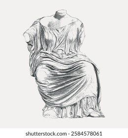 Illustration of an ancient Greek statue, headless, draped in flowing robes. Greek statue with detailed drapery, showcasing classical Greek art and sculpture. Vintage art illustration, vector.