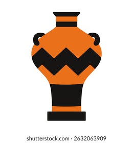Ilustração de um vaso grego antigo com padrões de ziguezague em negrito e uma base alta em cores pretas e laranja tradicionais. Ideal para uso em projetos de patrimônio histórico, arqueológico ou cultural.