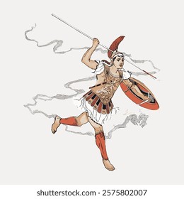 Illustration of an ancient Greek warrior in armor, holding a spear and shield. The warrior is depicted in a dynamic pose, showcasing traditional Greek attire. Vintage art drawing illustration vector.