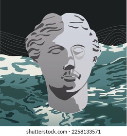 Illustration of the ancient head of the statue of the ancient goddess Aphrodite on a dark background. Marble statue on the background of turquoise blue sea and lime mountains. The image of art