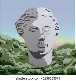 Illustration of the ancient head of the statue of the ancient goddess Aphrodite on a colorful background. Carved stone statue on the background of moss mountains and multicolored gradient sky. Art