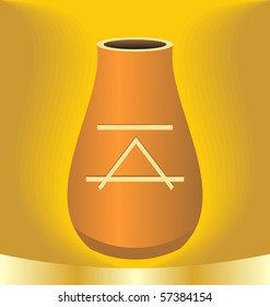 Illustration ancient jug with symbol on gold background - vector