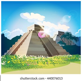 Illustration of ancient Mayan pyramids in the jungle