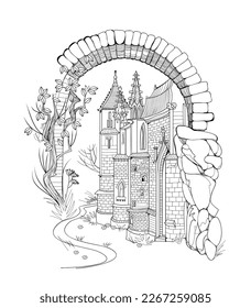 Illustration of ancient medieval castle. Fairyland kingdom. Black and white page for kids coloring book. Worksheet for drawing and meditation for children and adults. French architecture. Vector image svg