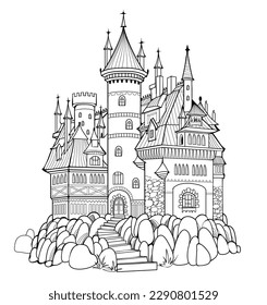 Illustration of ancient medieval castle. Fairyland kingdom. Black and white page for kids coloring book. Worksheet for drawing and meditation for children and adults. French architecture. Vector image