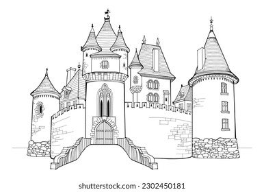 Illustration of ancient medieval castle. Fairyland kingdom. Black and white page for kids coloring book. Worksheet for drawing and meditation for children and adults. French architecture. Vector image