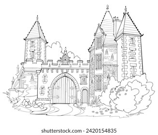 Illustration of ancient medieval castle with gates. Black and white page for kids coloring book. Fairyland fortress. Worksheet for drawing and meditation for children and adults. French architecture.