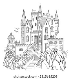 Illustration of ancient medieval fortress. Fairyland kingdom. Black and white page for kids coloring book. Worksheet for drawing and meditation for children and adults. French architecture.