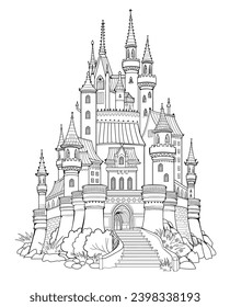 Illustration of ancient medieval kingdom. Black and white page for kids coloring book. Fairyland fortress. Worksheet for drawing and meditation for children and adults. French architecture.