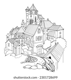 Illustration of ancient medieval village. Fairyland kingdom. Black and white page for kids coloring book. Worksheet for drawing and meditation for children and adults. French architecture. Vector.