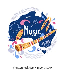 Illustration of ancient musical instruments of the aborigines of Australia-didgeridoo. Design concept template for a flyer or invitation on the background of a map of Australia. Cartoon style