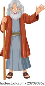 Illustration of an ancient old man standing with a wooden staff