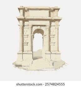 Illustration of an ancient Roman arch. The Roman arch features classical columns and detailed carvings. Roman architecture is highlighted in this arch design.