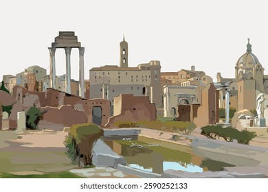 Illustration of ancient Roman ruins, showcasing Roman architecture, historic ruins, and ancient structures. Roman ruins highlight ancient history and architecture. Vintage art painting vector.