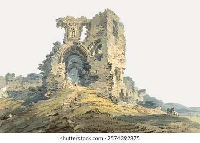 Illustration of ancient ruins on a hill. The ruins, old and weathered, depict a historic site. The landscape around the ruins is serene and picturesque. Vintage architecture illustration, vector.