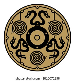 Illustration of ancient scandinavian viking shield, isolated on white, vector illustration