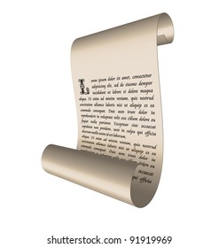 Illustration of an ancient scroll with text isolated on white background - vector