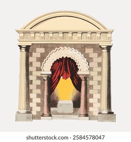 Illustration of an ancient stone archway with red curtains, flanked by columns. Architectural archway, stone design, red curtains, classical columns. Vintage art illustration, vector.