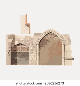 Illustration of an ancient stone wall with two arched doorways. The stone wall features detailed brickwork and arch designs, showcasing historical architecture. Vintage art illustration, vector.