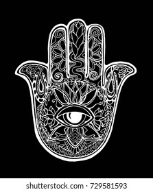 Illustration of an ancient symbol of hamsa. Black and white hand drawing. Chalk on a blackboard