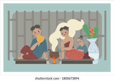 illustration of ancient Thai young man and woman couple character enjoy cooking delicious food with child. flat vector illustration.