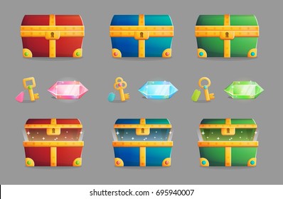 Illustration of an ancient treasure chest locked and open in various color schemes, matching set of keys and precious shining gemstones.