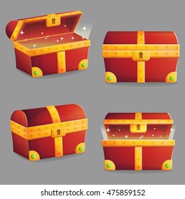 Illustration of an ancient treasure chest with riches shining inside of it. Different view angles and positions. Front and isometric view.