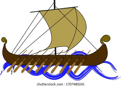 illustration of an ancient viking ship, with sails and oars, on the waves, on a white background