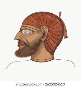 Illustration of an ancient warrior with a helmet and beard, profile view. Historical art of a warrior, emphasizing helmet and beard details. Vintage character art illustration vector.