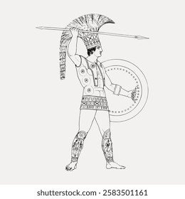 Illustration of an ancient warrior with a spear and shield, wearing ornate armor and a helmet. The warrior stands poised, showcasing detailed armor and weaponry. Vintage roman illustration vector.