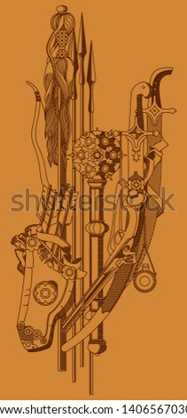 The illustration of the ancient weapon of the Ukrainian Cossacks - sabers, pistol, bow, quiver of arrows, spears and powder box on the light brown color background. 