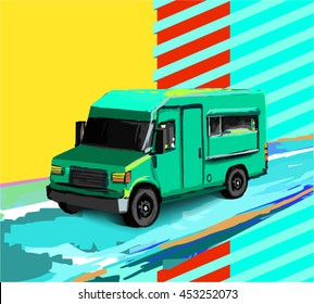 Illustration (and background) green food truck is suitable for use in advertising of various food industry