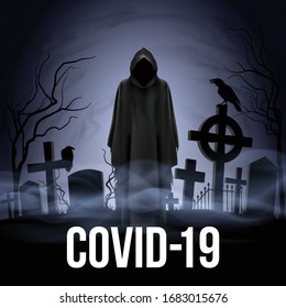 Illustration of Angel of Death on the Cemetery. Apocalypse and Hell Concept Design Coronavirus Epidemic COVID-19. Deadly SARS-CoV-2 Spread in Europe and World