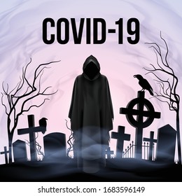 Illustration of Angel of Death on the Grave Yard in the Morning. Apocalypse and Hell Concept Design Coronavirus Epidemic COVID-19. Deadly SARS-CoV-2 Spread in Europe and World