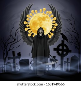 Illustration of Angel of Death with a Scythe and Black Wings on the Grave Yard. Apocalypse and Hell Concept Design Coronavirus Epidemic COVID-19. Deadly SARS-CoV-2 Spread in Europe and World