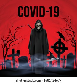 Illustration of Angel of Death with a Scythe on the Grave Yard on Red Backdrop. Apocalypse and Hell Concept Design Coronavirus Epidemic COVID-19. Deadly SARS-CoV-2 Spread in Europe and World