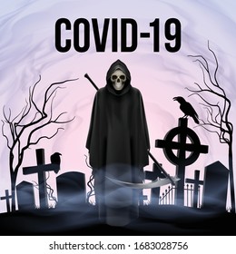 Illustration of Angel of Death with a Scythe on the Grave Yard in the Morning. Apocalypse and Hell Concept Design Coronavirus Epidemic COVID-19. Deadly SARS-CoV-2 Spread in Europe and World